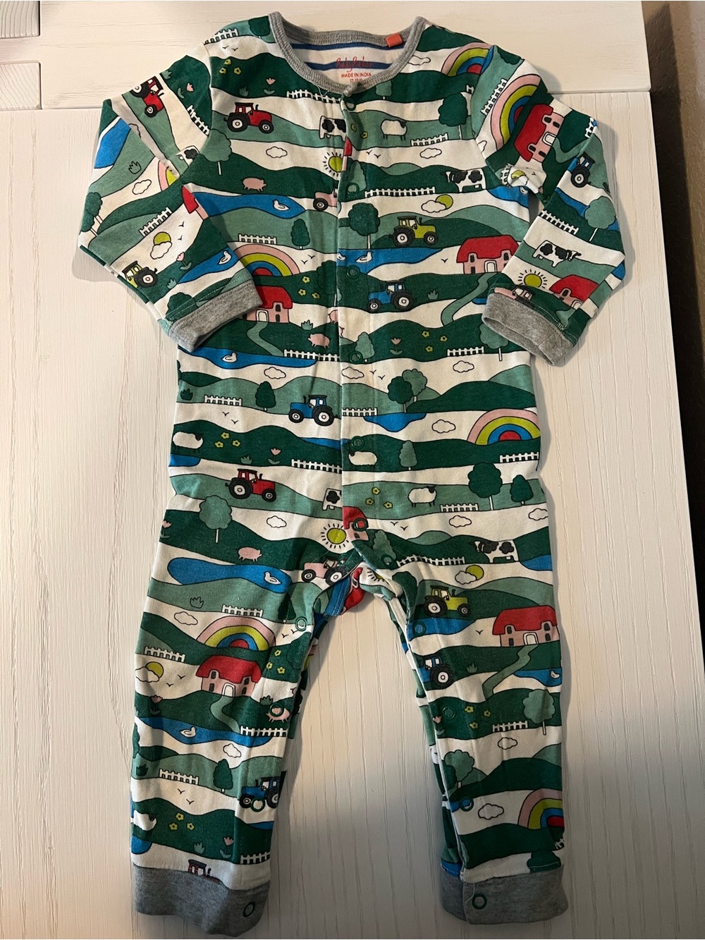 Baby Boden Green Multi Farm Print Footie